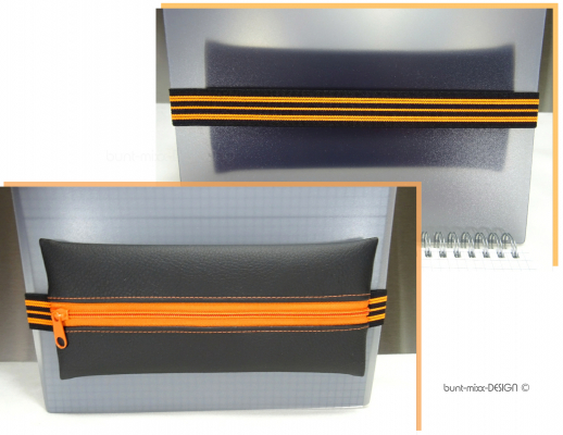 Mäppchen Kunstleder schwarz, Gummiband neon orange Streifen, A5 Kalender, A4 Ordner, handmade by BuntMixxDesign